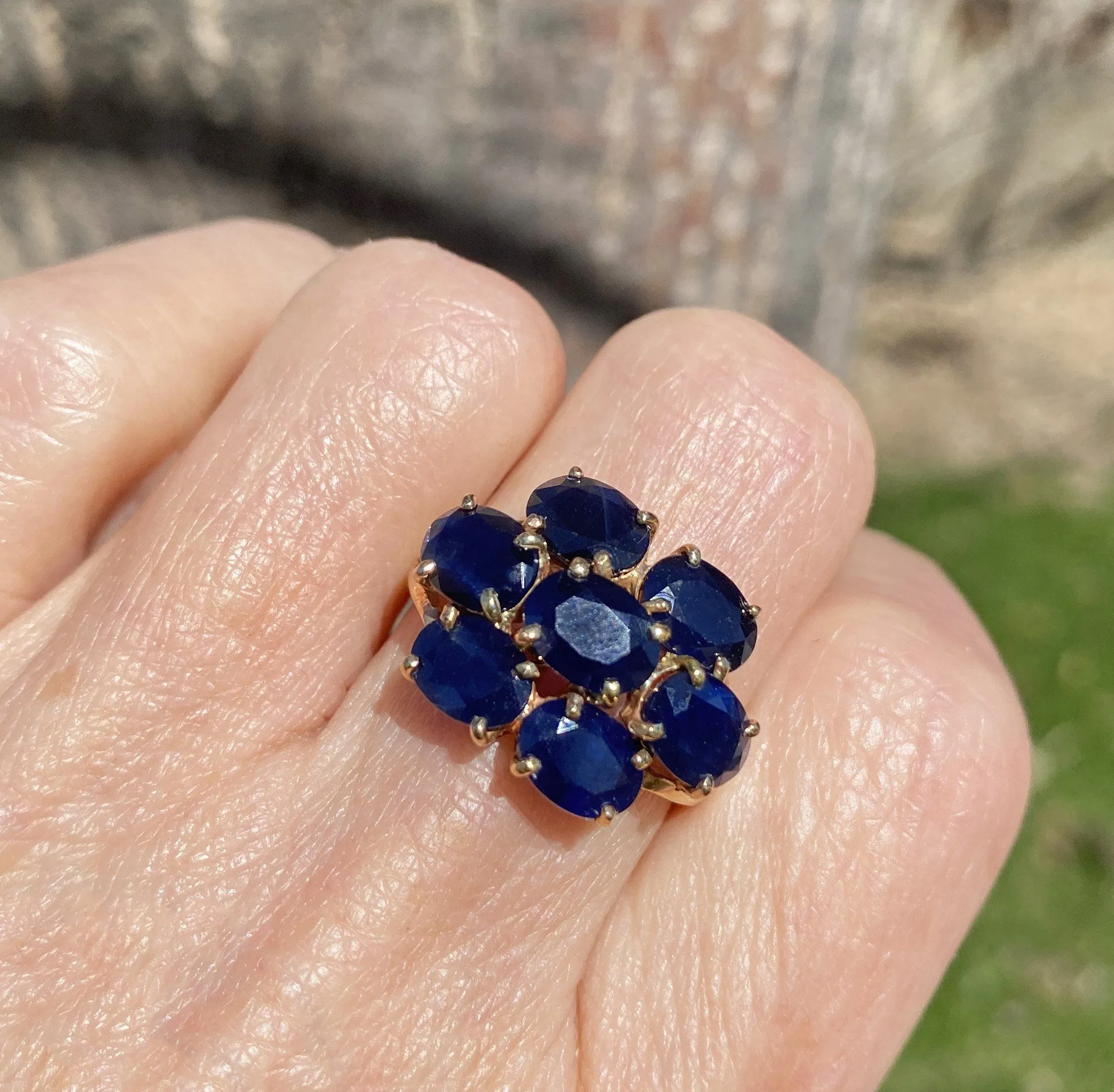 10K Gold Created Sapphire Cluster Cocktail Ring