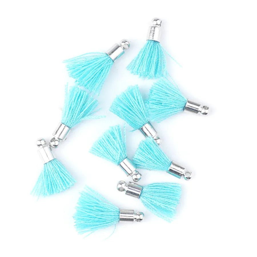 10mm Aqua Blue Fabric Tassel with Silver Cap (10 Pieces)