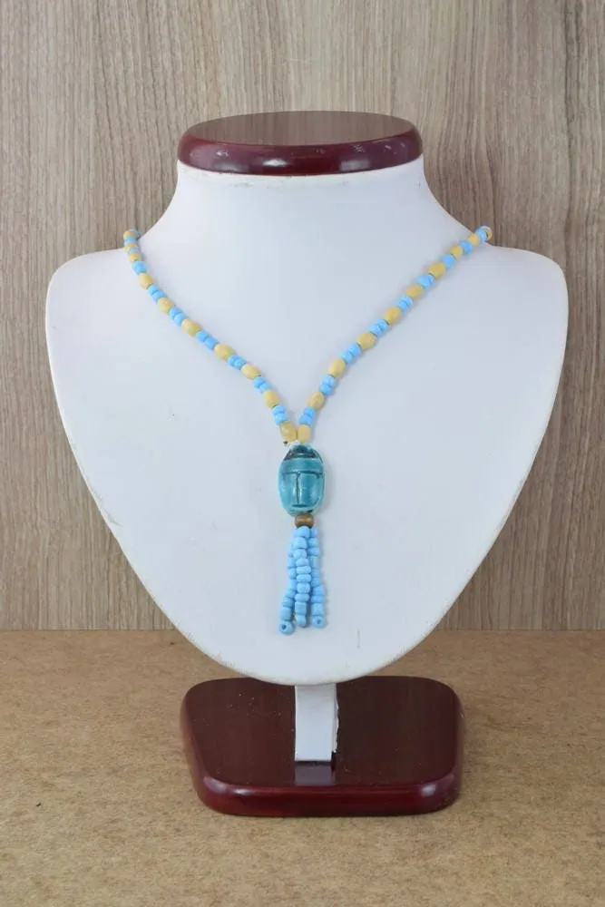 10" Wood Egyptian  Beaded Handmade Necklace, Ceramic Pendant,Tribal Jewelry, Pendant African Wood Necklace Natural Healing,Handmade ,African