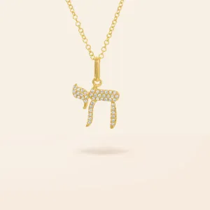 14K Gold Diamond Chai Necklace