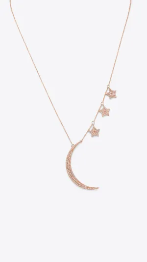 14k Rose Gold and Diamond Moon and Stars Necklace