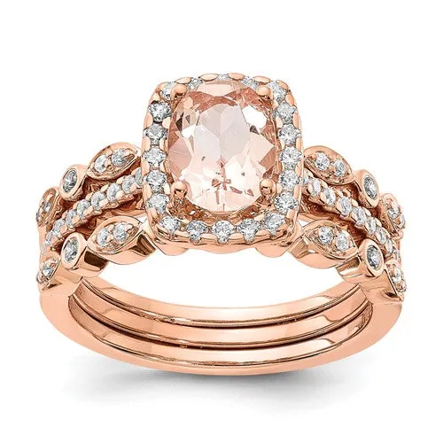 14k Rose Gold Oval Morganite Diamond Halo Engagement Ring