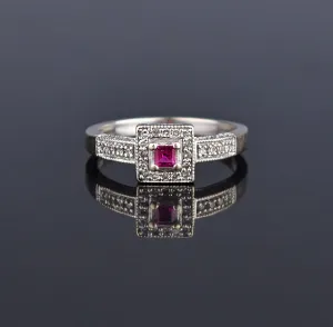 14K White Gold Ruby Diamond Halo Engagement Ring