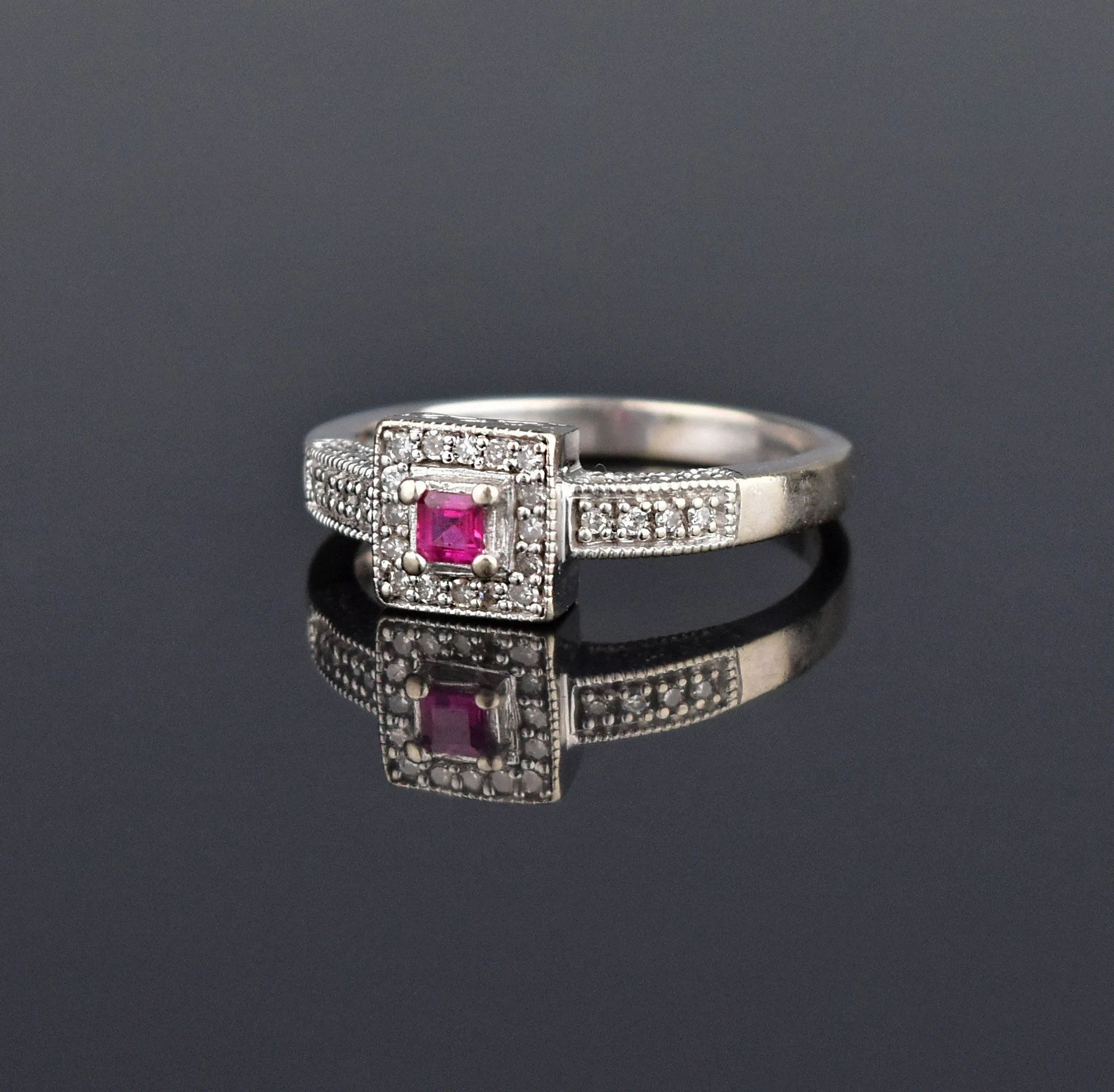 14K White Gold Ruby Diamond Halo Engagement Ring