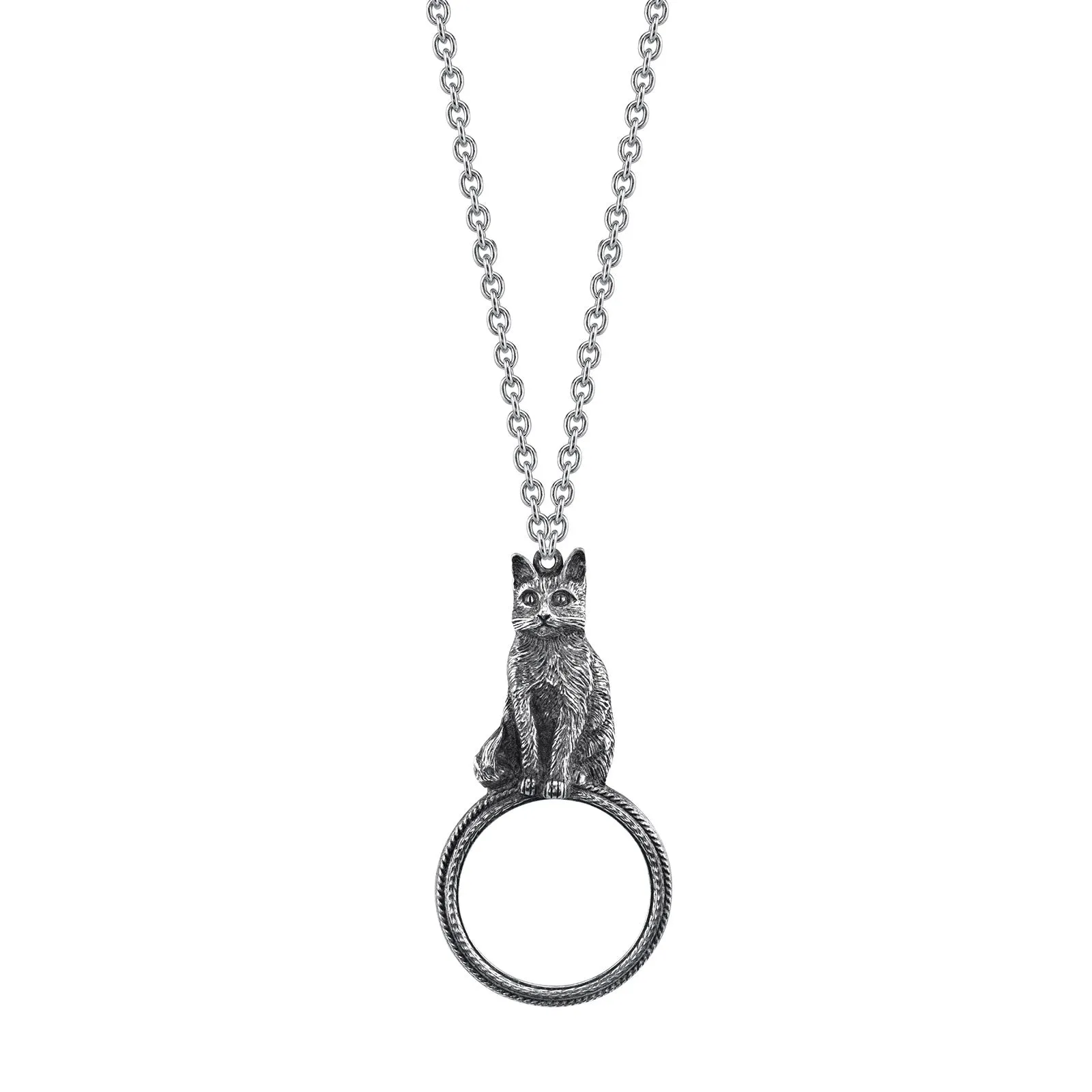 1928 Jewelry&reg; Pewter Cat Magnifying Glass Pendant Necklace 30In