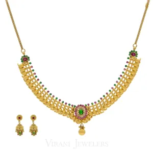 22K Gold Mango Studded Necklace and Earrings W/ CZ, Ruby & Emerald Stones