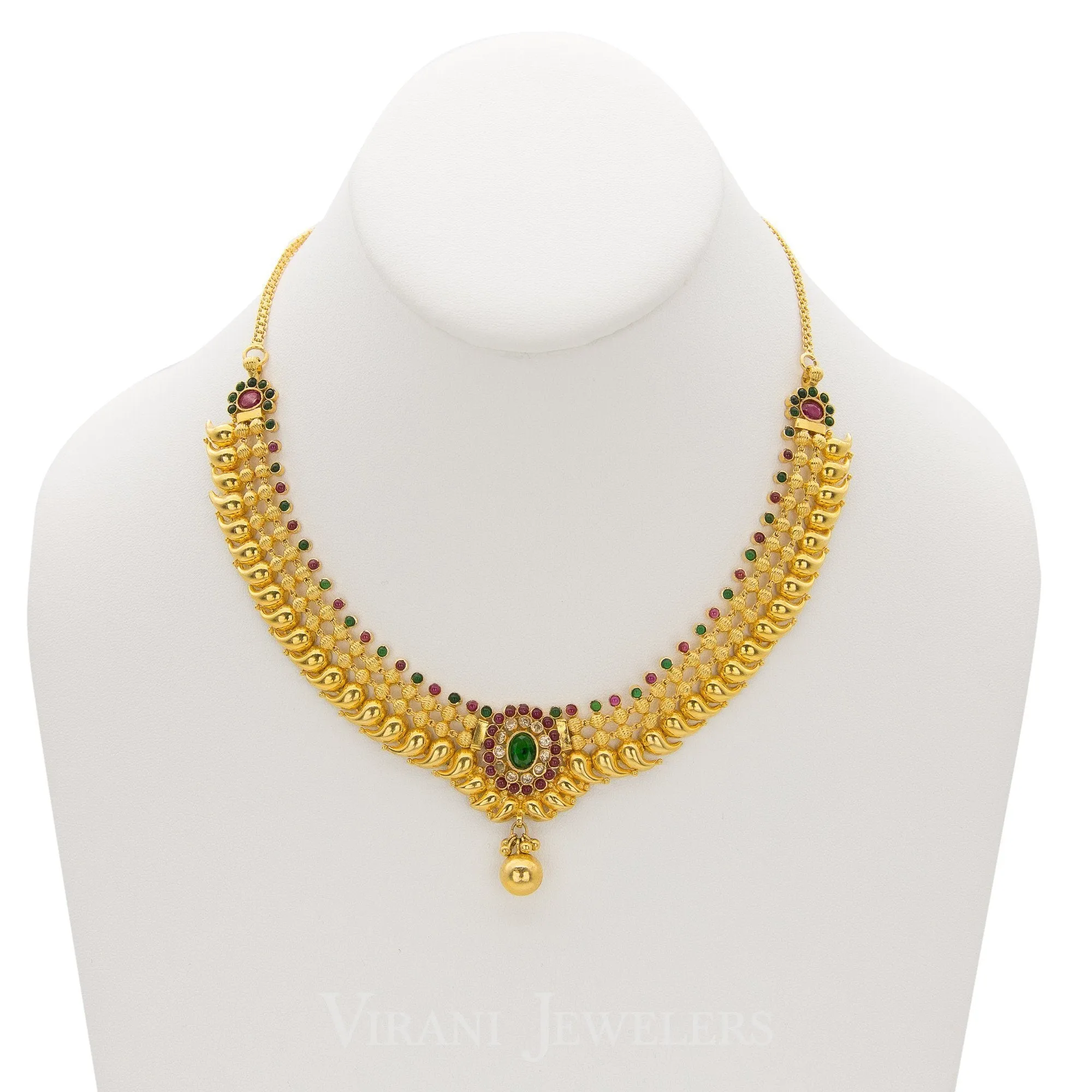 22K Gold Mango Studded Necklace and Earrings W/ CZ, Ruby & Emerald Stones