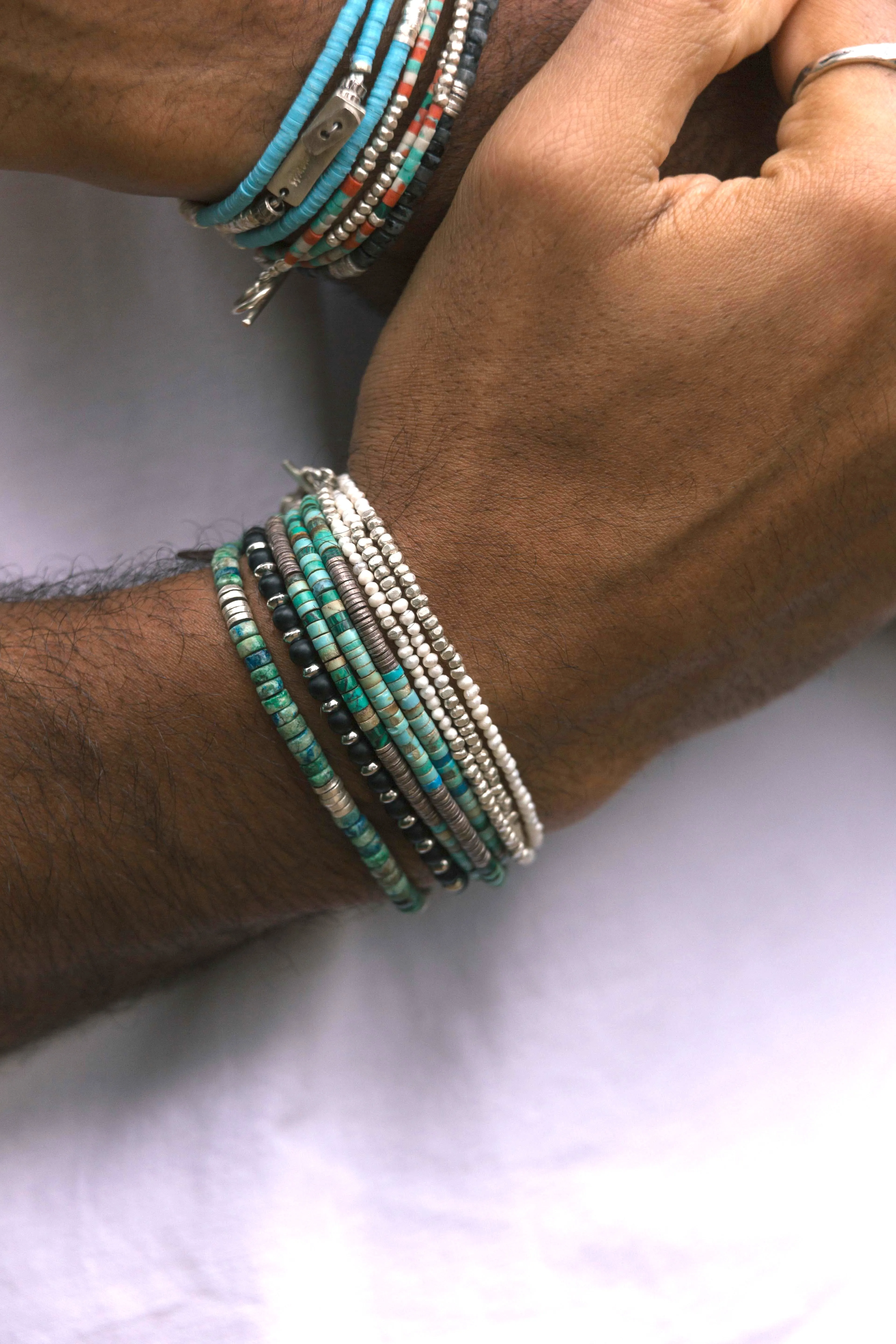 3 Laps Bracelet With Arizona Turquoise And Sterling Silver Beads