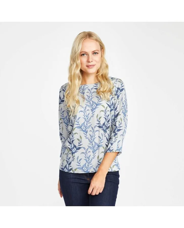 3/4 Sleeve Twill Underwater Leaves Print Top