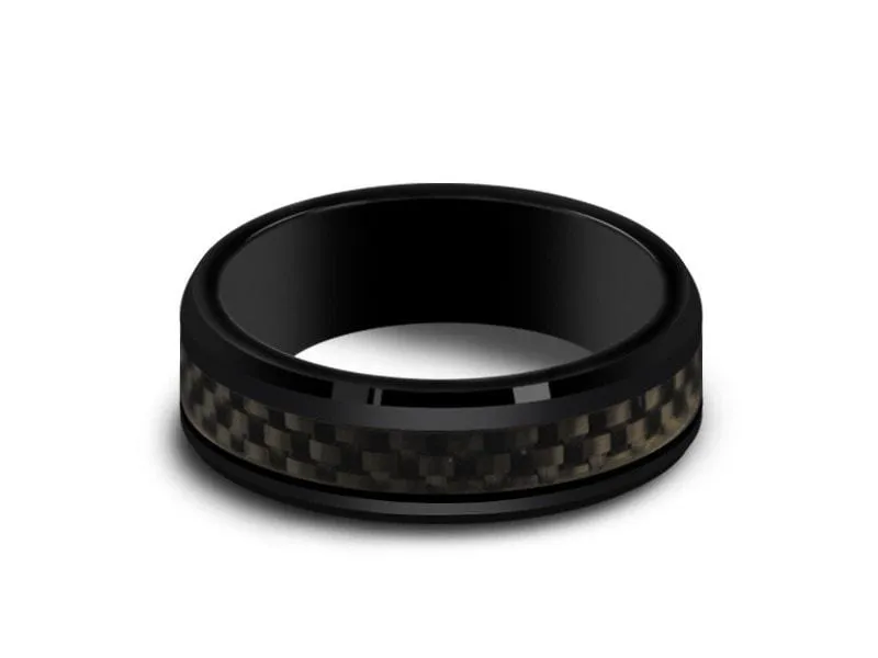 6MM BLACK CERAMIC WEDDING BAND BEVELED AND CARBON FIBER INLAY