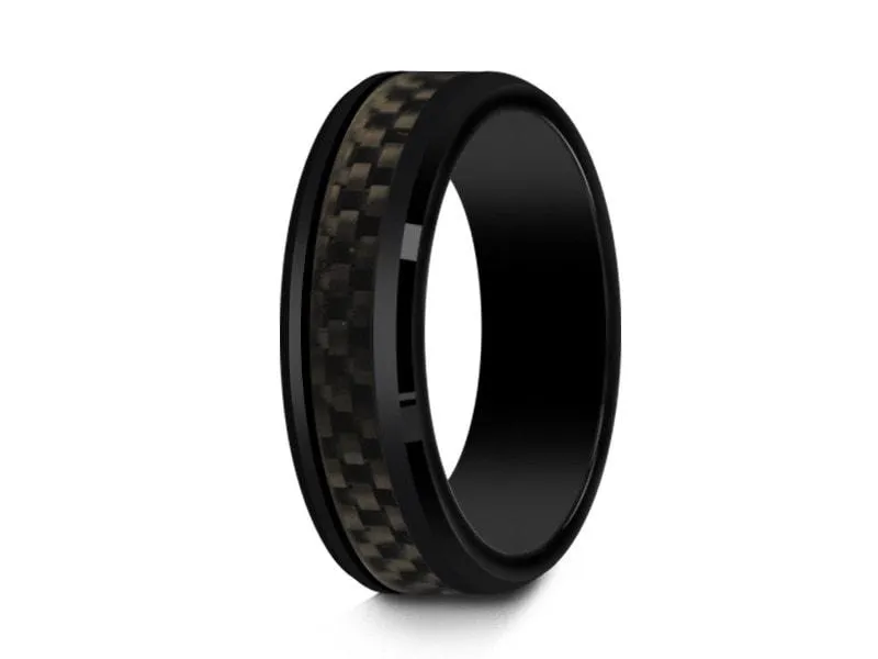 6MM BLACK CERAMIC WEDDING BAND BEVELED AND CARBON FIBER INLAY