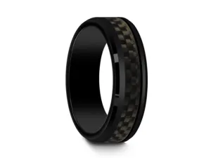 6MM BLACK CERAMIC WEDDING BAND BEVELED AND CARBON FIBER INLAY