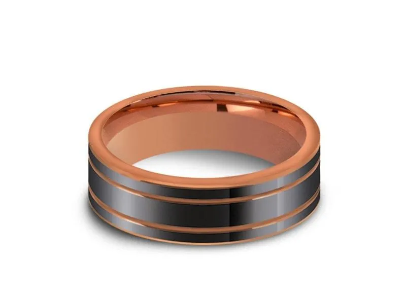 6MM High Polish GRAY Tungsten Wedding Band FLAT AND ROSE GOLD INTERIOR