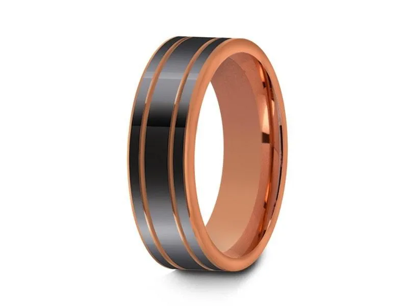 6MM High Polish GRAY Tungsten Wedding Band FLAT AND ROSE GOLD INTERIOR