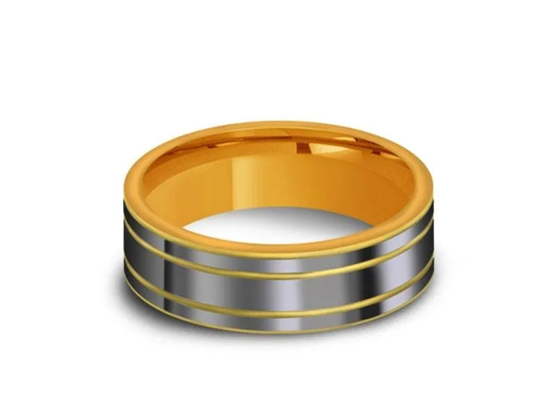 6MM High Polish GRAY Tungsten Wedding Band FLAT AND YELLOW INTERIOR