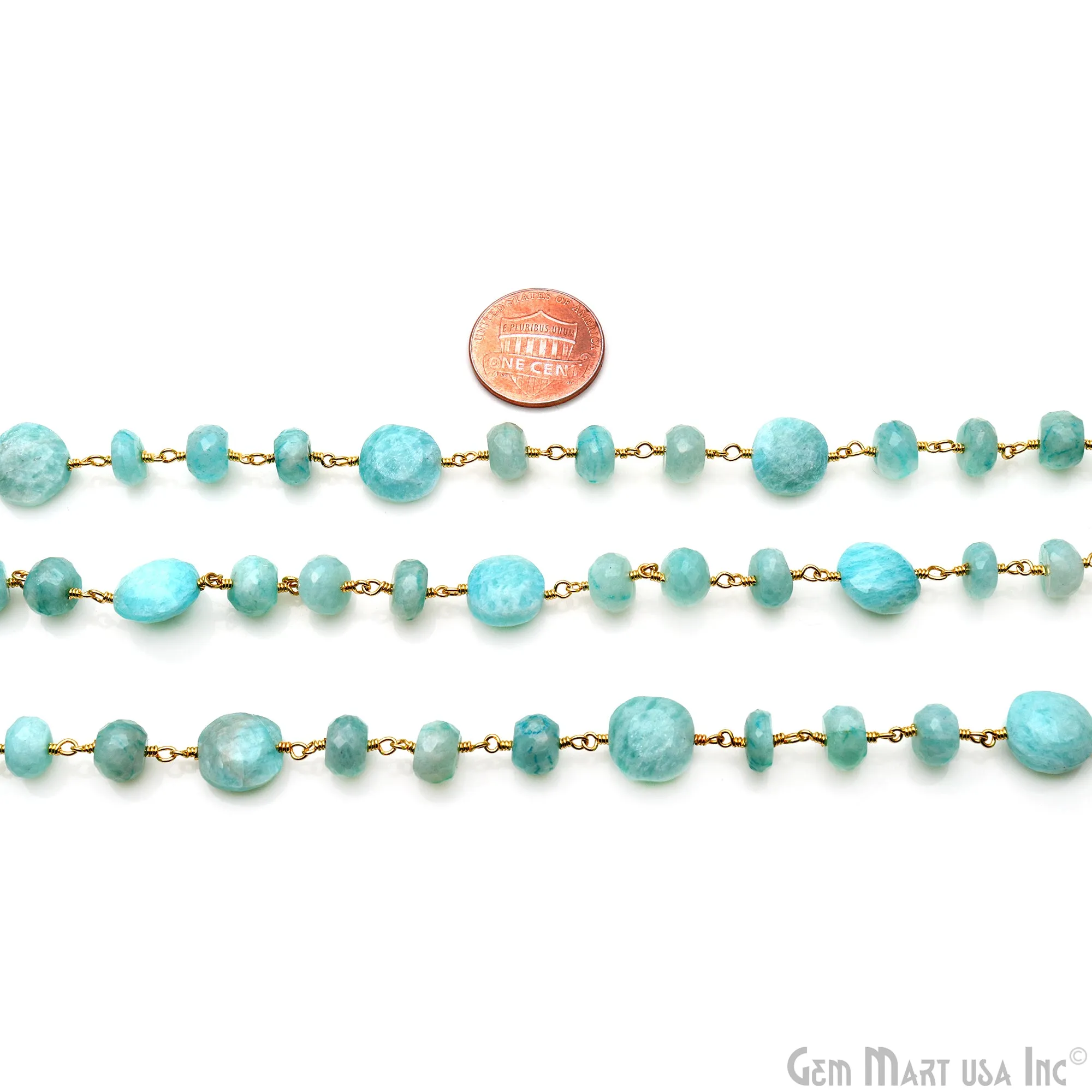 Amazonite Coin 7-8mm Gold Plated Rough Beads Rosary Chain