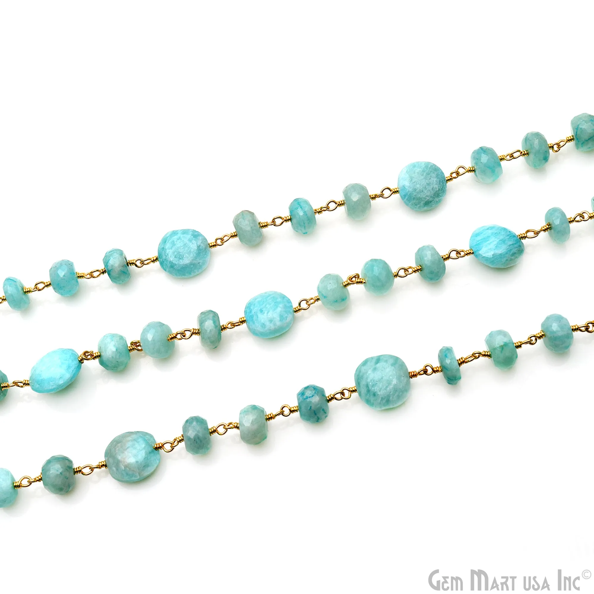 Amazonite Coin 7-8mm Gold Plated Rough Beads Rosary Chain