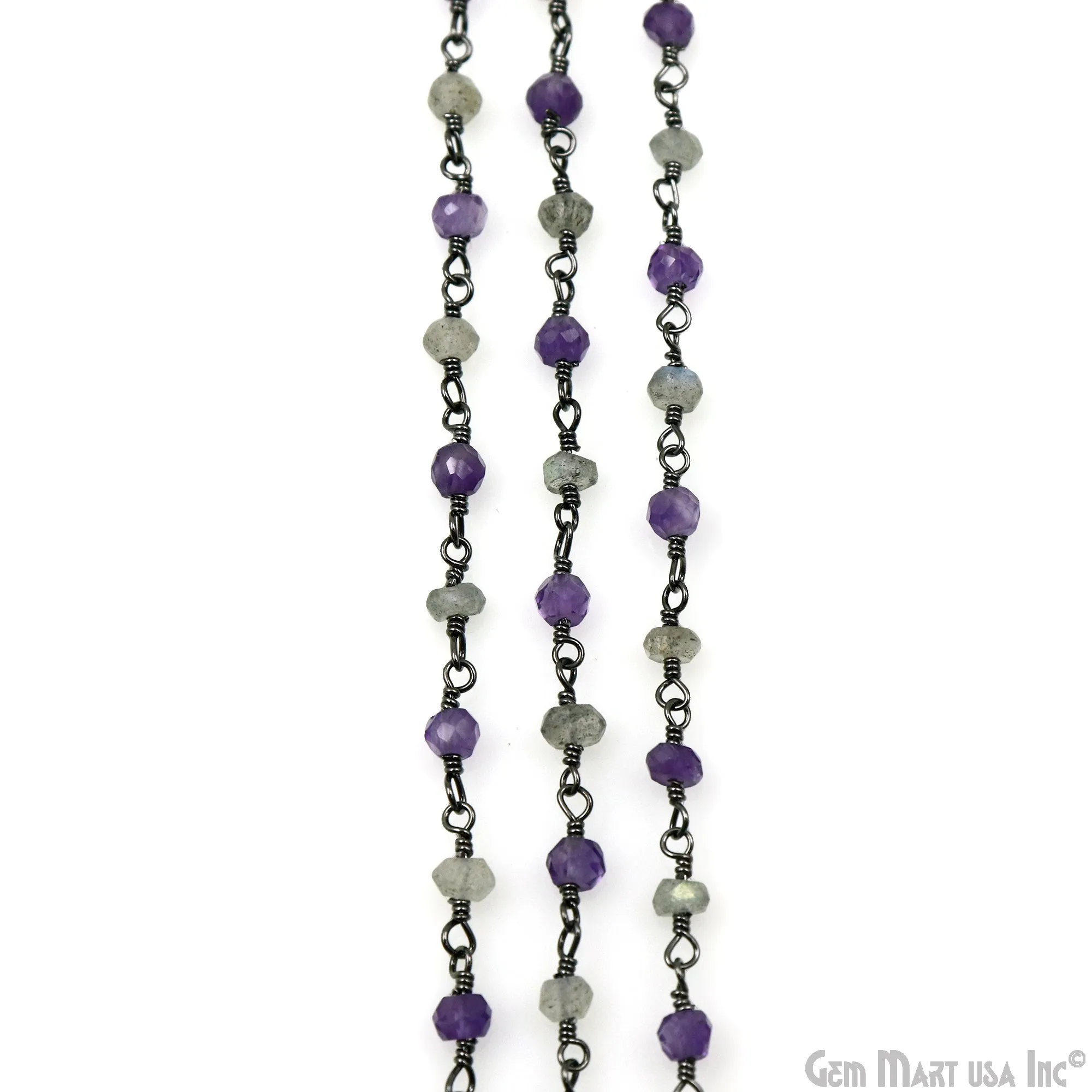 Amethyst & Labradorite 3-3.5mm Oxidized Faceted Beads Wire Wrapped Rosary Chain