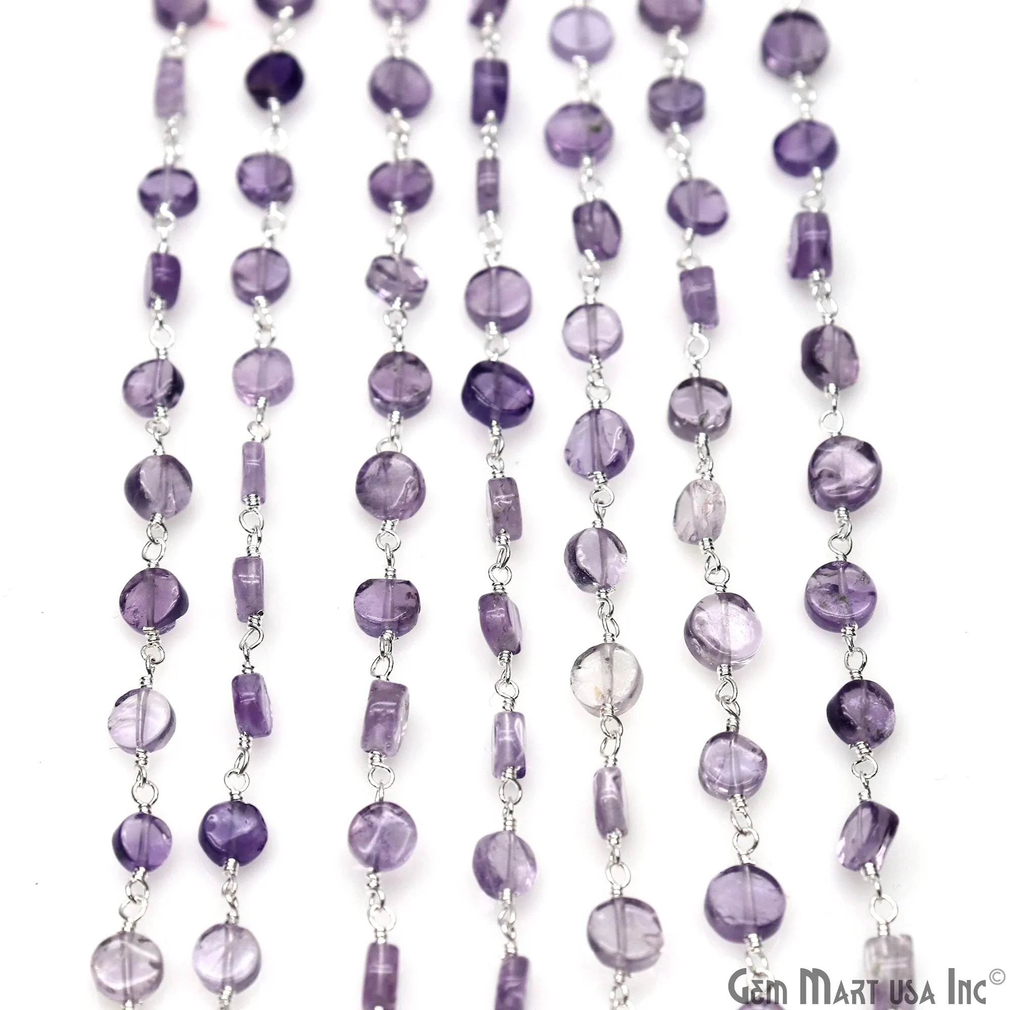 Amethyst Coin Beads 3-4mm Silver Plated wire wrapped Rosary Chain