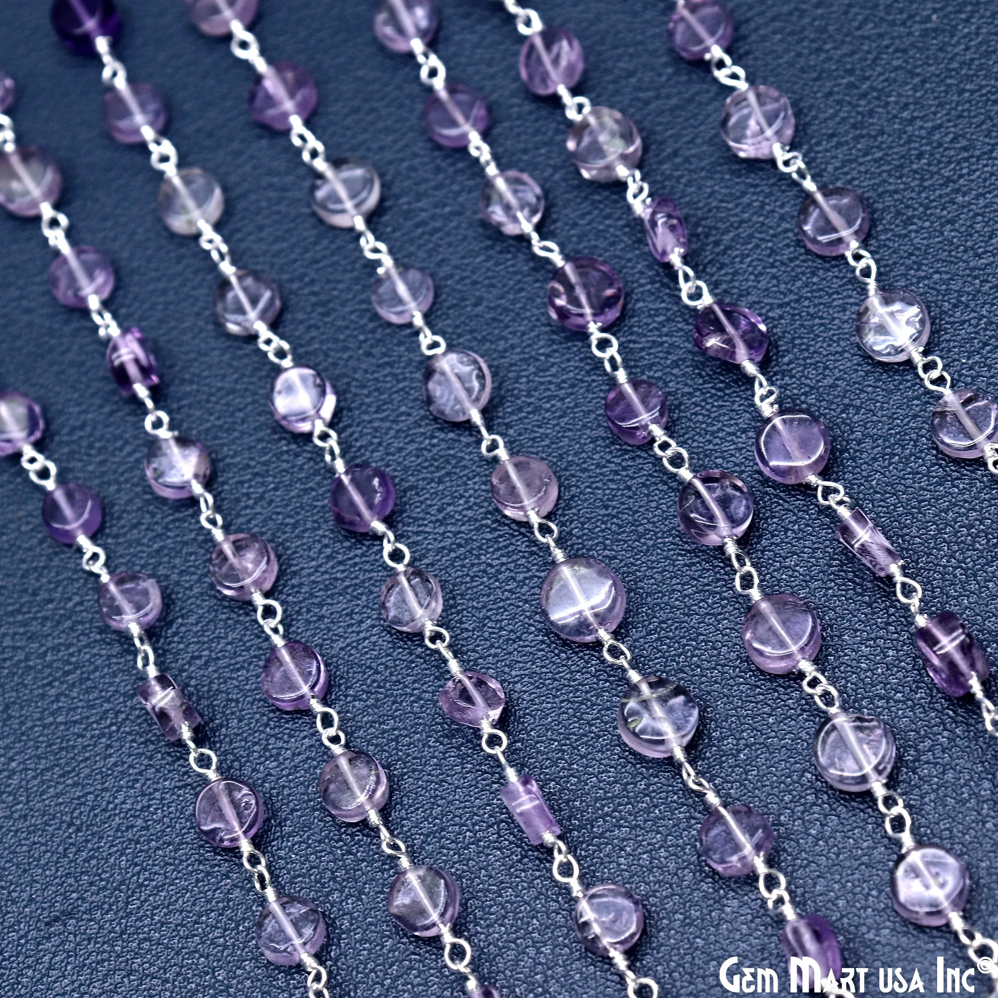 Amethyst Coin Beads 3-4mm Silver Plated wire wrapped Rosary Chain