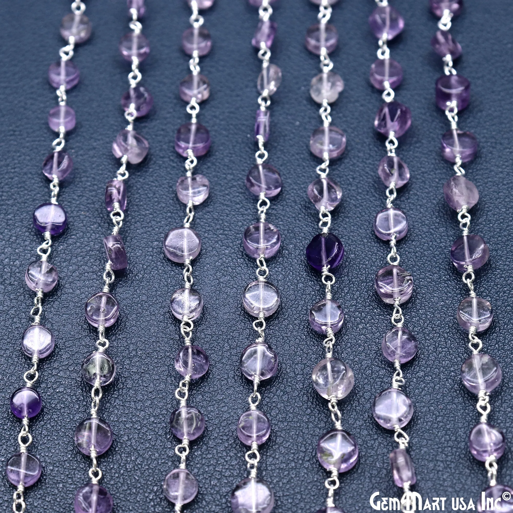 Amethyst Coin Beads 3-4mm Silver Plated wire wrapped Rosary Chain