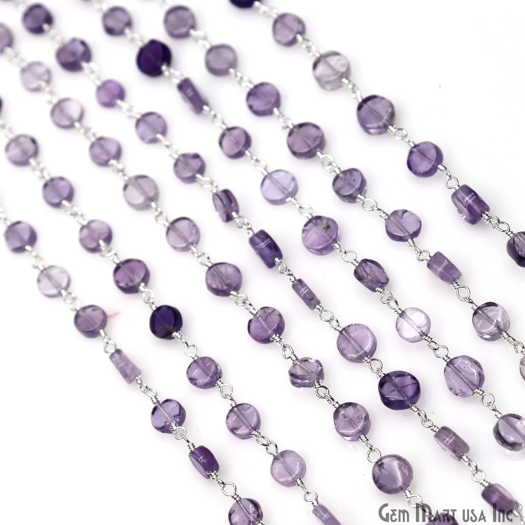 Amethyst Coin Beads 3-4mm Silver Plated wire wrapped Rosary Chain