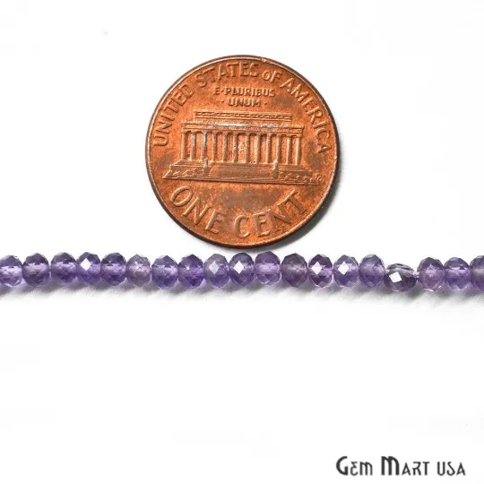 Amethyst Rondelle Beads, 12.5 Inch Gemstone Strands, Drilled Strung Nugget Beads, Faceted Round, 3-4mm