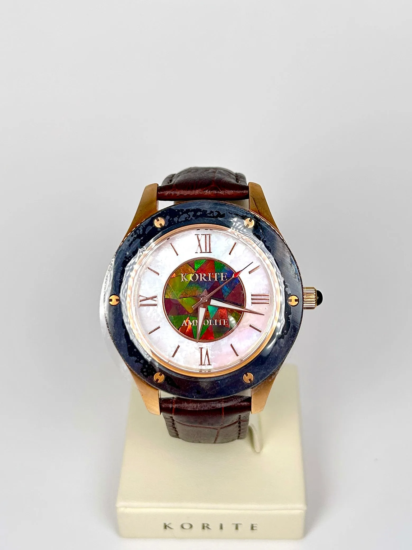 Ammolite Watch- Large-Mosaic Ammolite white Mother of Pearl 43mm Round Watch-Brown Leather Strap (Korite)