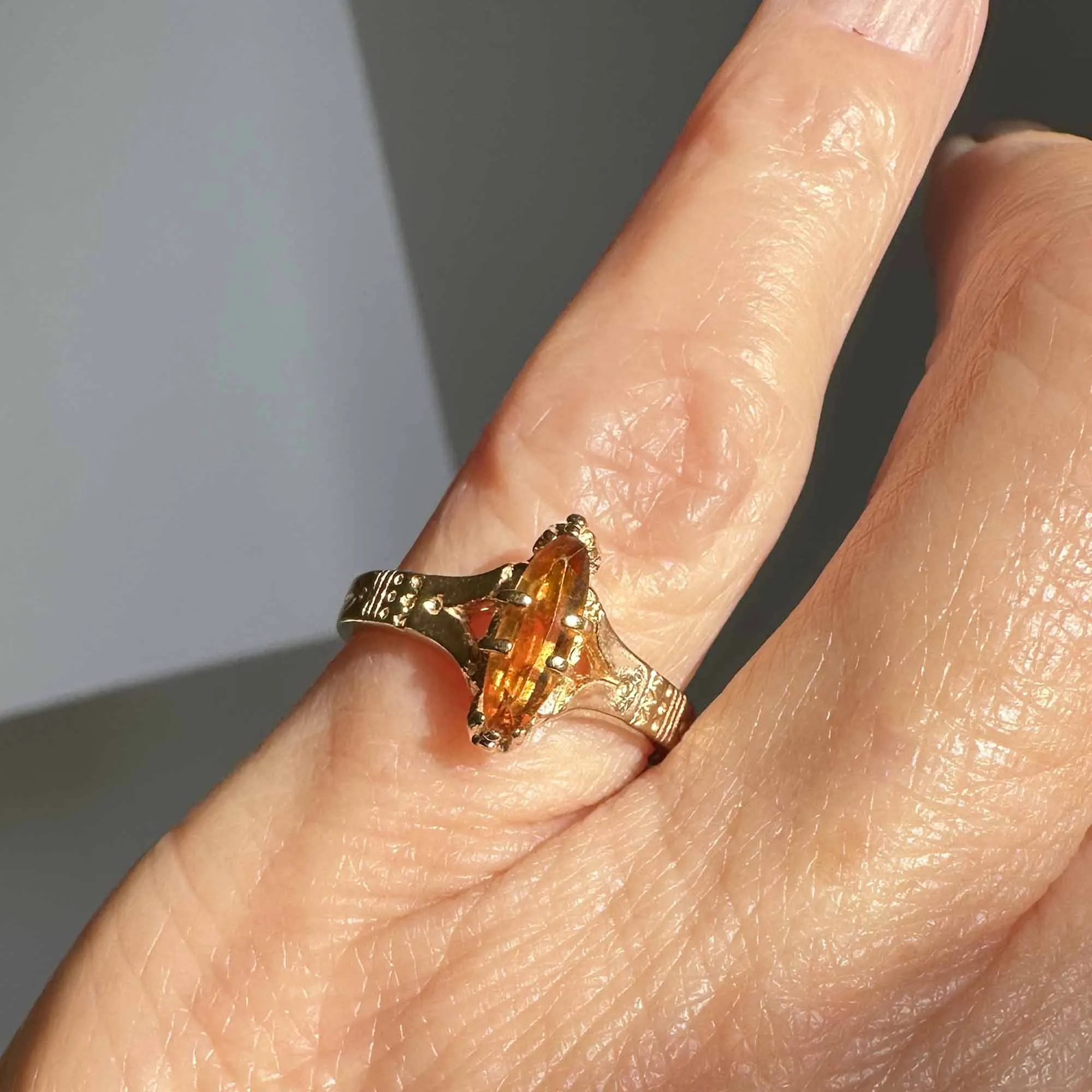 Antique 14K Gold Navette Marquise Citrine Ring