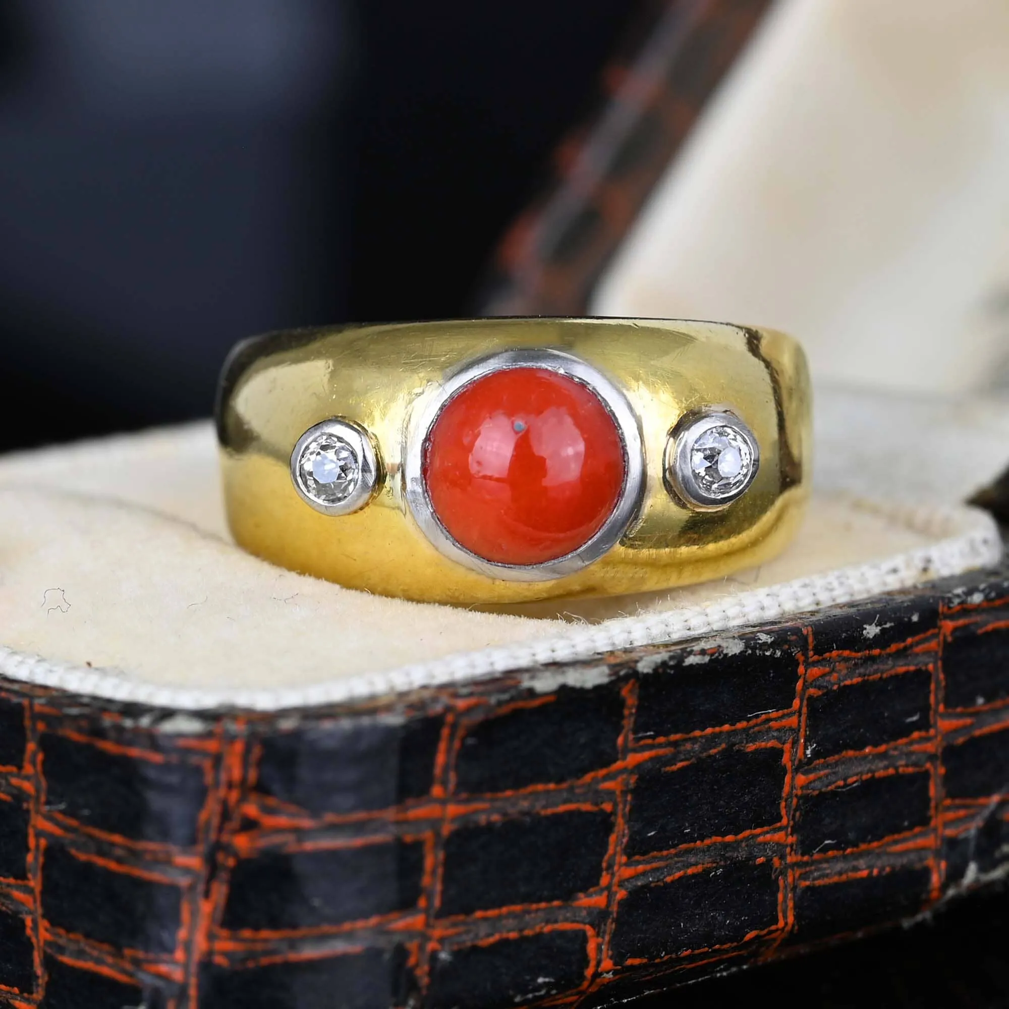 Antique 18K Gold Diamond Mediterranean Coral Ring Band