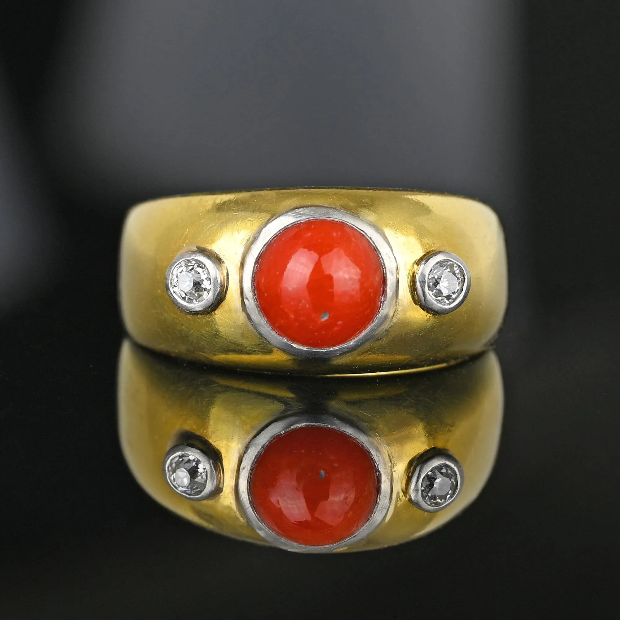 Antique 18K Gold Diamond Mediterranean Coral Ring Band