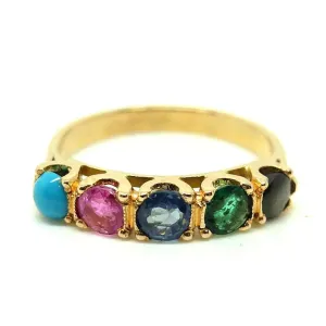 Antique 1900 French Emerald Sapphire Turquoise Gemstone 18ct Gold Ring