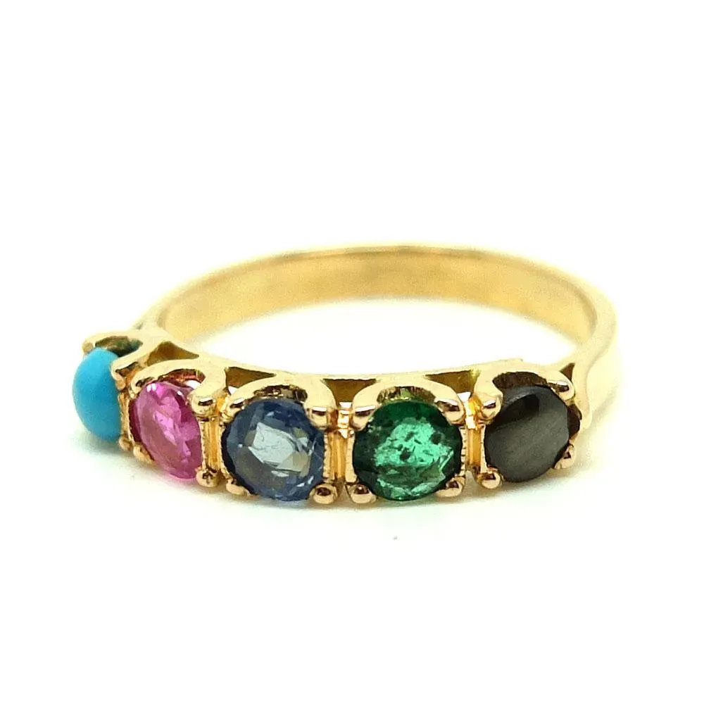 Antique 1900 French Emerald Sapphire Turquoise Gemstone 18ct Gold Ring