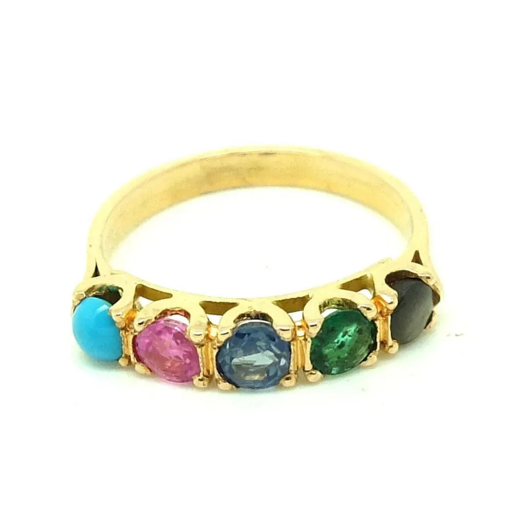 Antique 1900 French Emerald Sapphire Turquoise Gemstone 18ct Gold Ring