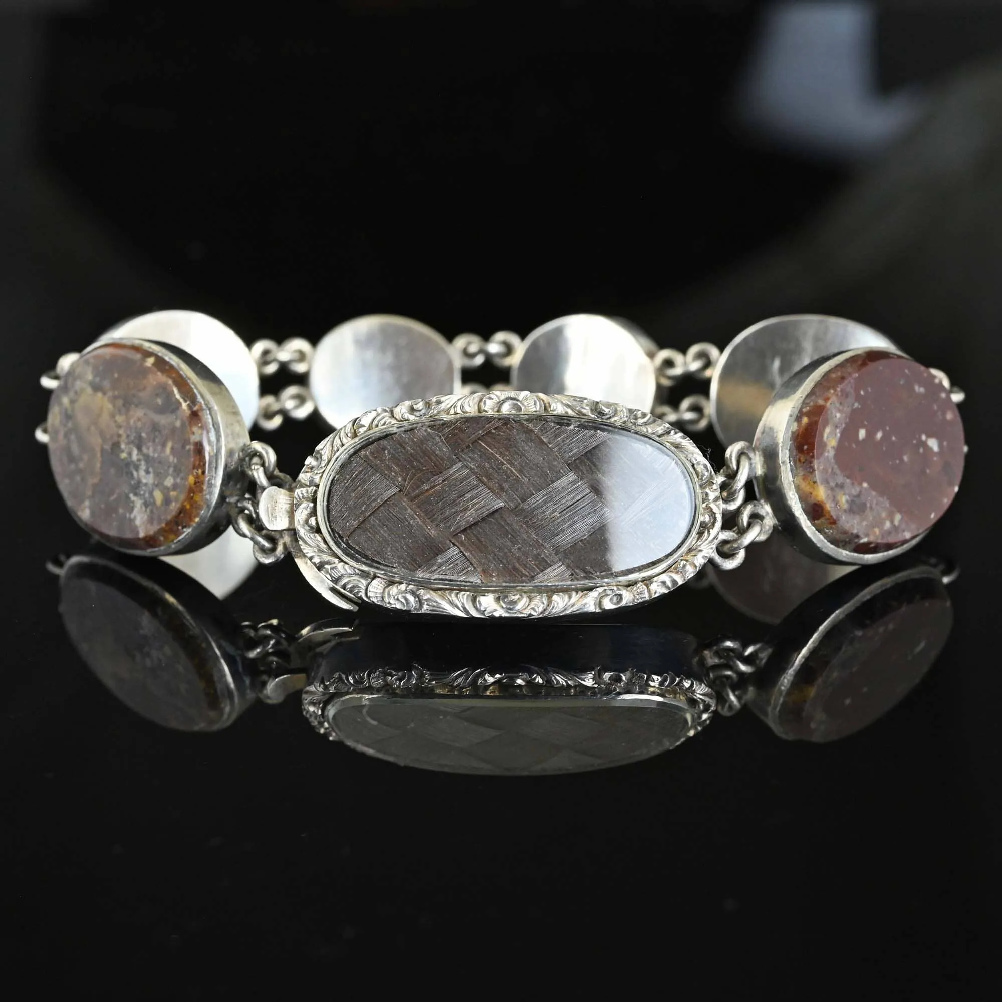 Antique Silver Scottish Agate Locket Bracelet, Mourning Jewelry