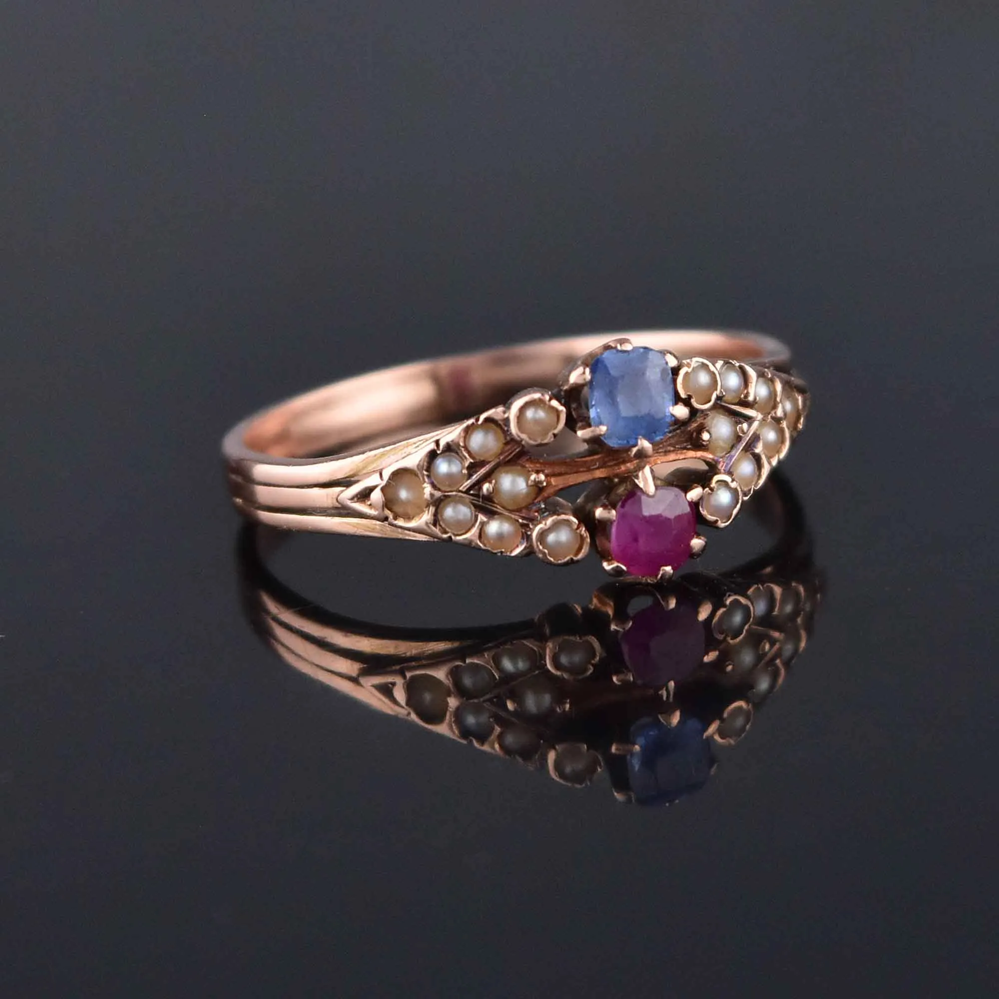 Antique Victorian 14K Rose Gold Pearl Ruby Sapphire Ring