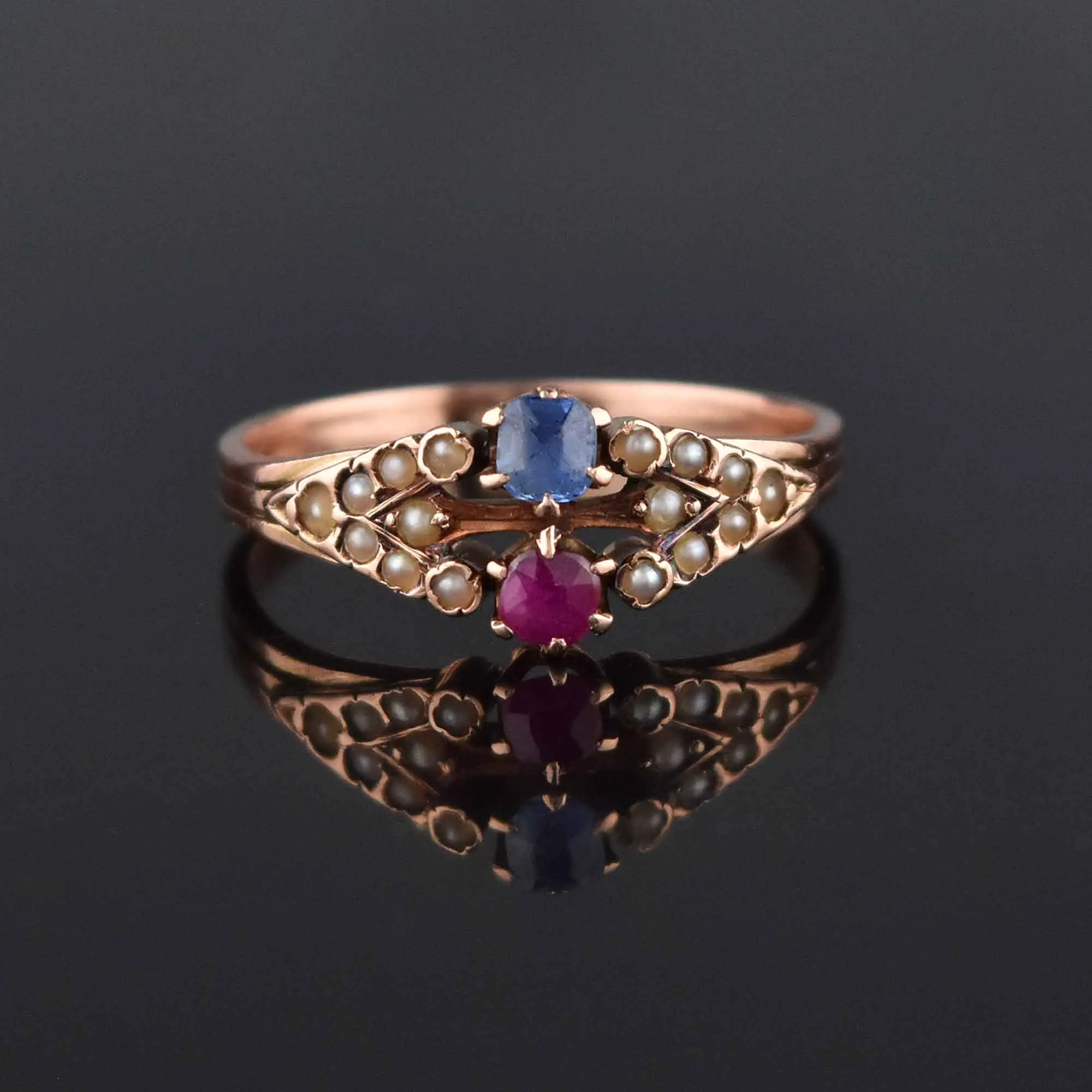 Antique Victorian 14K Rose Gold Pearl Ruby Sapphire Ring