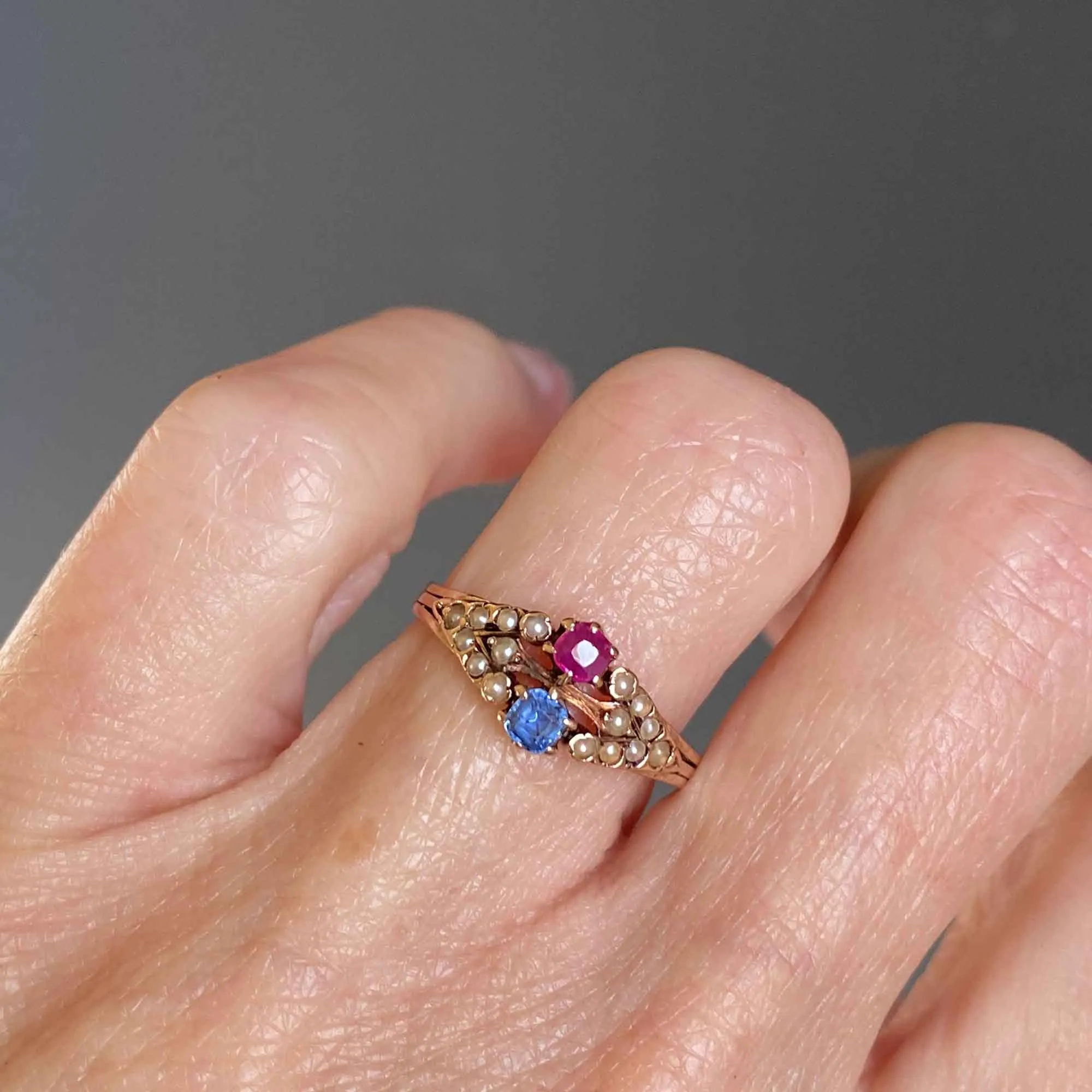 Antique Victorian 14K Rose Gold Pearl Ruby Sapphire Ring