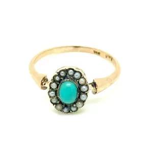 Antique Victorian 9ct Gold Turquoise Pearl Ring