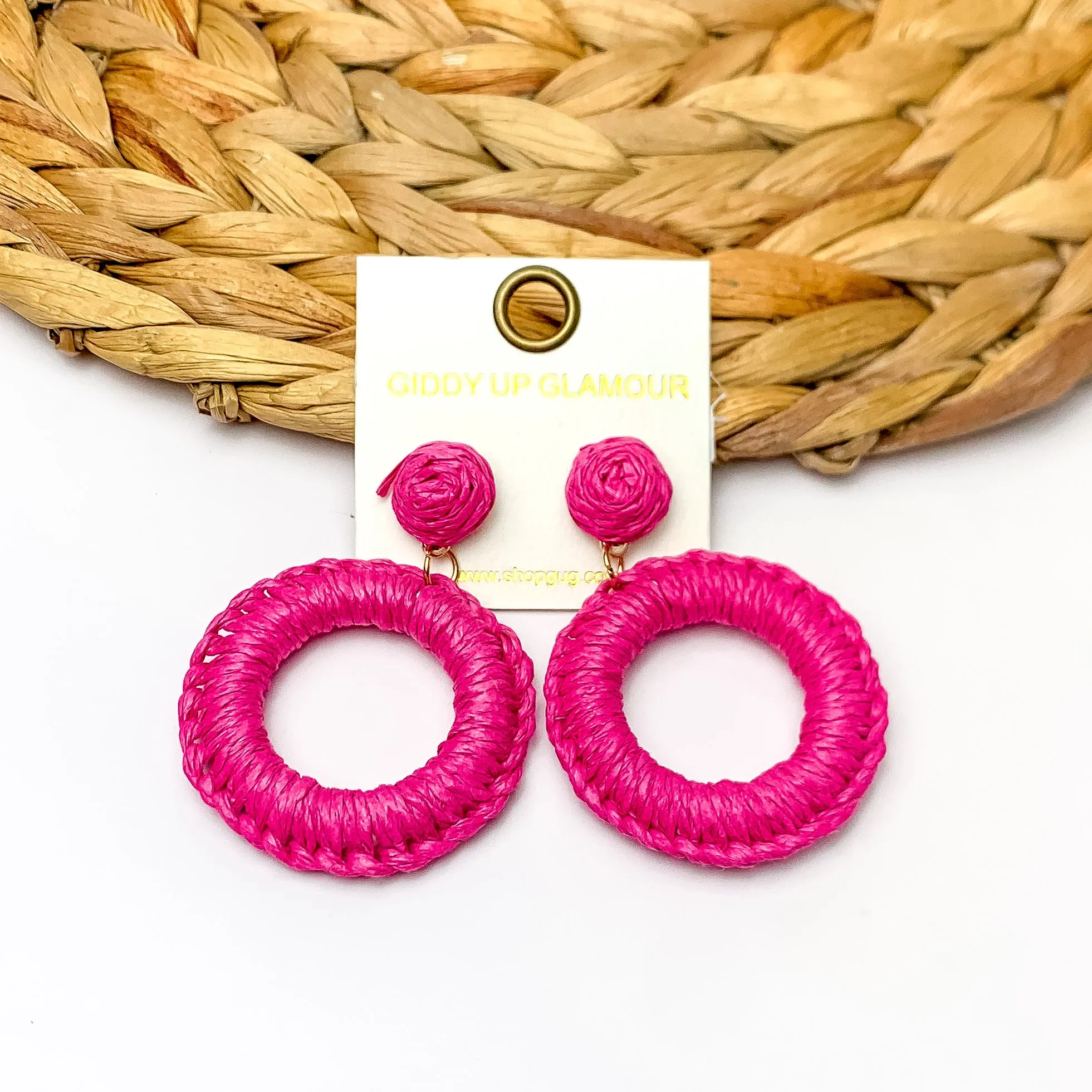 Beachside Café Raffia Wrapped Circle Earrings in Fuchsia Pink