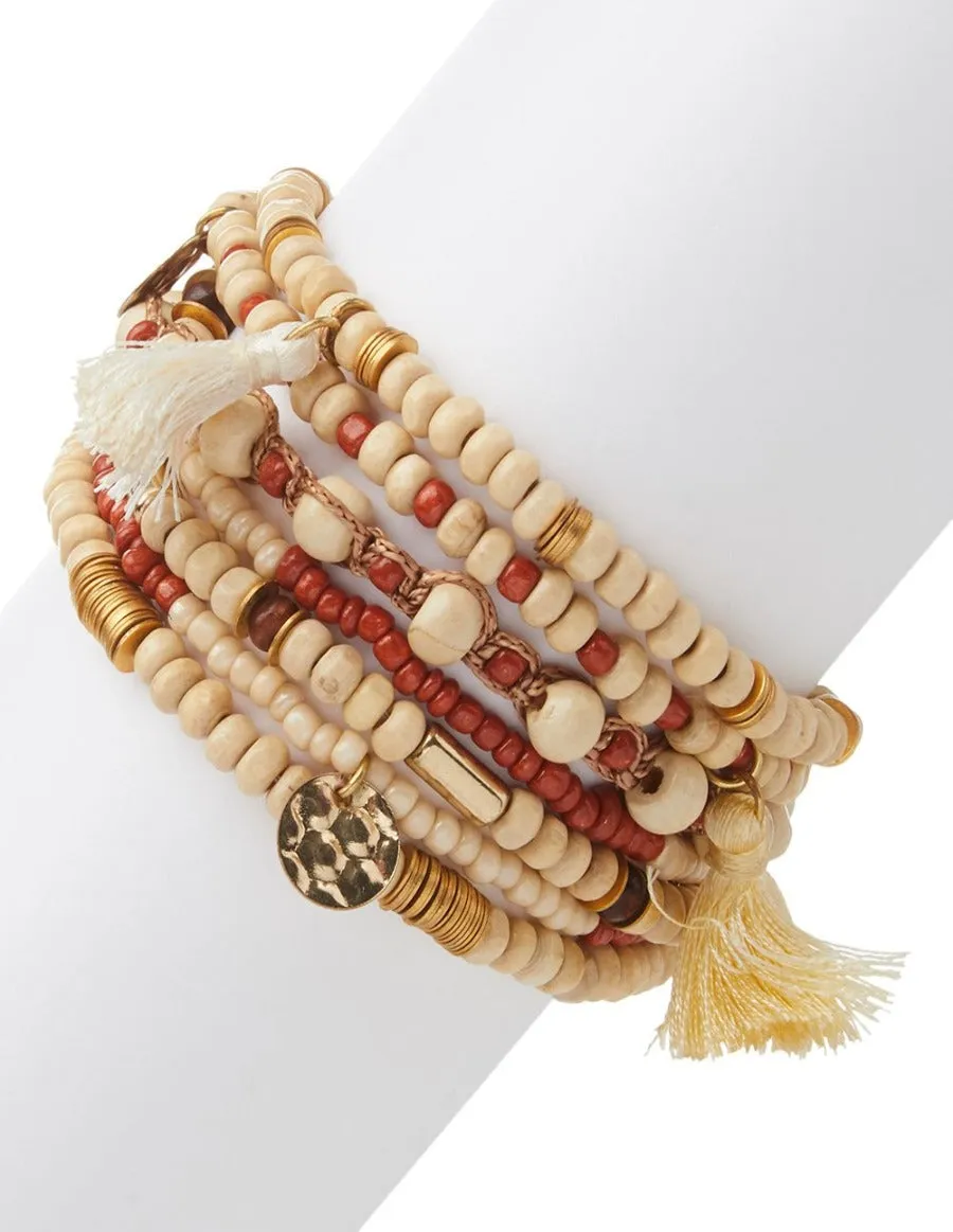 Beige & Red Tassel Boho Bracelet