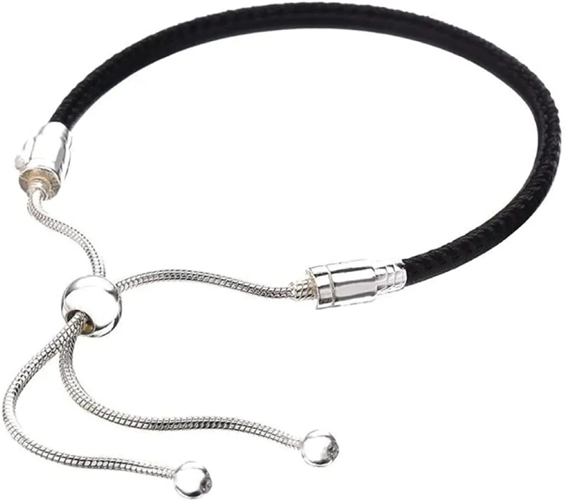 Black Leather Adjustable 3mm Steel Snake Chain Bead Charm Bracelet