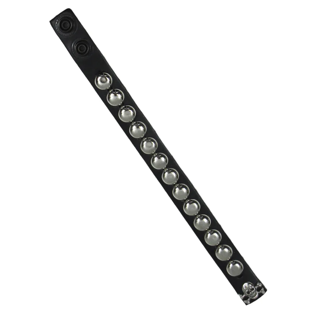 Black Leather Bracelet w/ 1 Row of Silver Dome Studs and Skull Snap