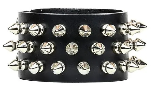 Black Leather Bracelet w/ 3 Rows of Silver Spikes