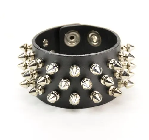 Black Leather Bracelet w/ 3 Rows of Silver Spikes