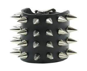 Black Leather Bracelet w/ 4 Rows of Silver Rivet Spikes