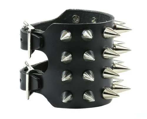 Black Leather Bracelet w/ 4 Rows of Silver Rivet Spikes