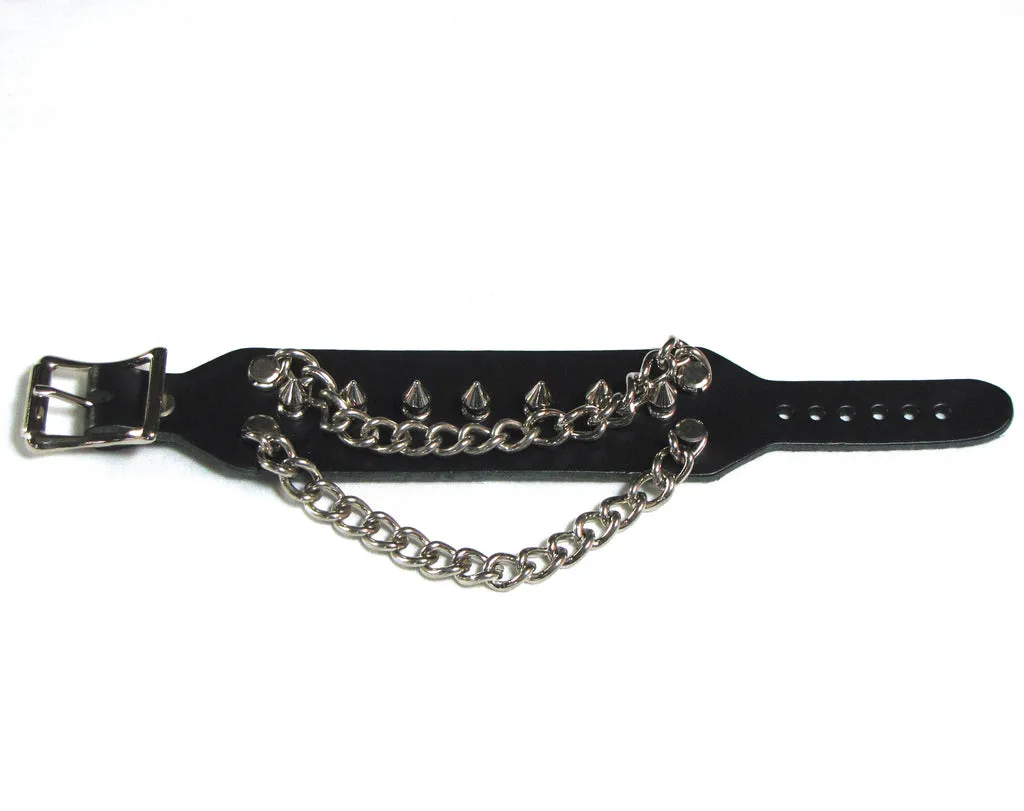 Black Leather Bracelet w/ Single Row of Silver Spikes and Hanging Chain