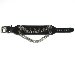 Black Leather Bracelet w/ Single Row of Silver Spikes and Hanging Chain