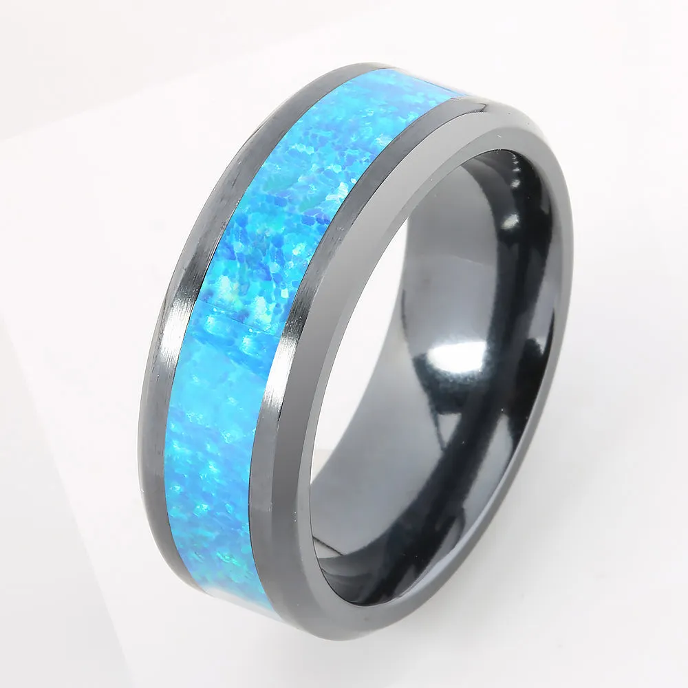 Black Titanium Opal Inlaid Beveled Edge Wedding Ring 8mm